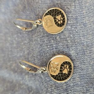 Paw Print, Yin Yang, Sterling, petite dangle leverback pierced Earrings